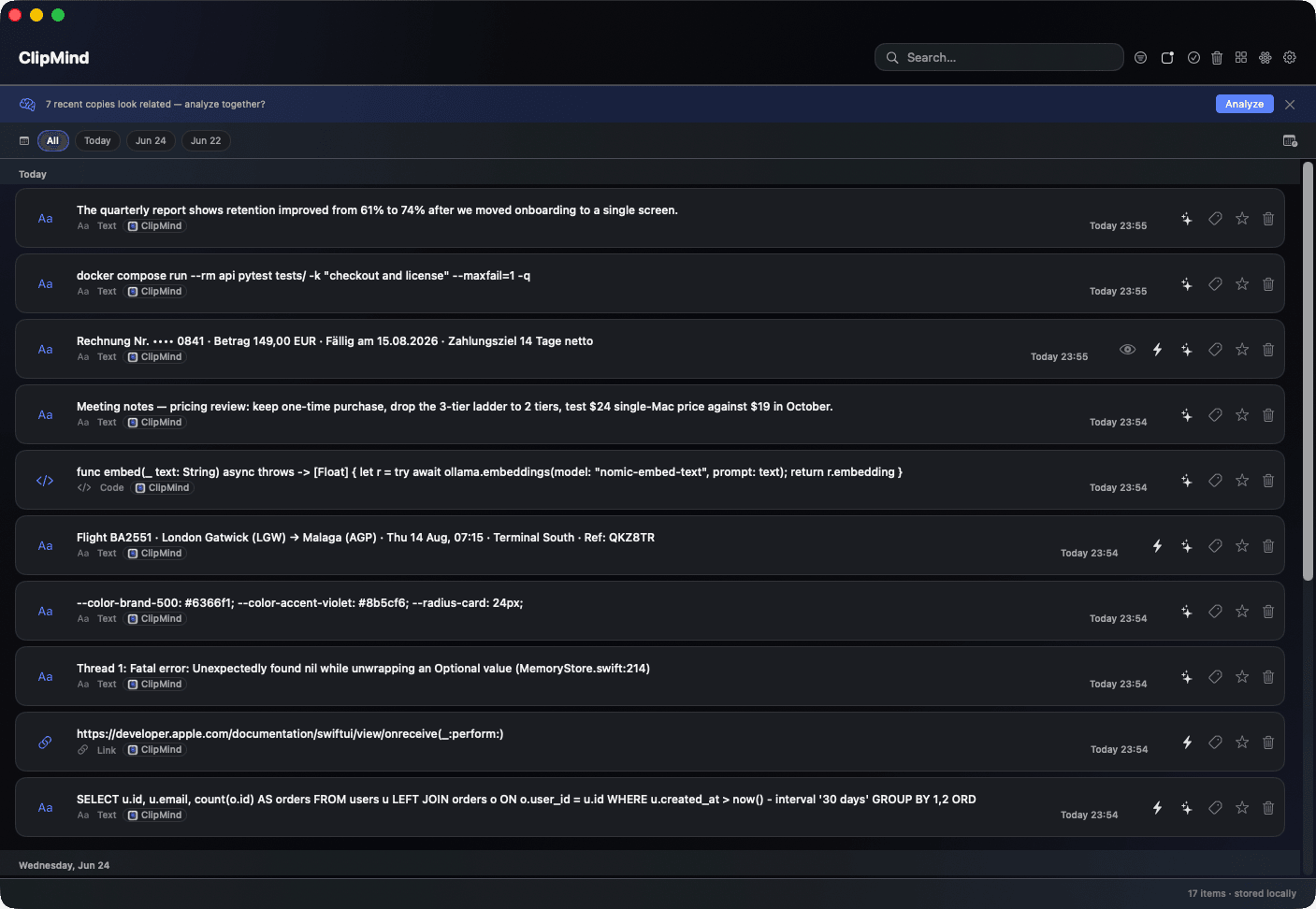 ClipMind on macOS: clipboard history grouped by day, with code, links and text detected automatically, an invoice number masked, and a prompt to analyze related copies together.